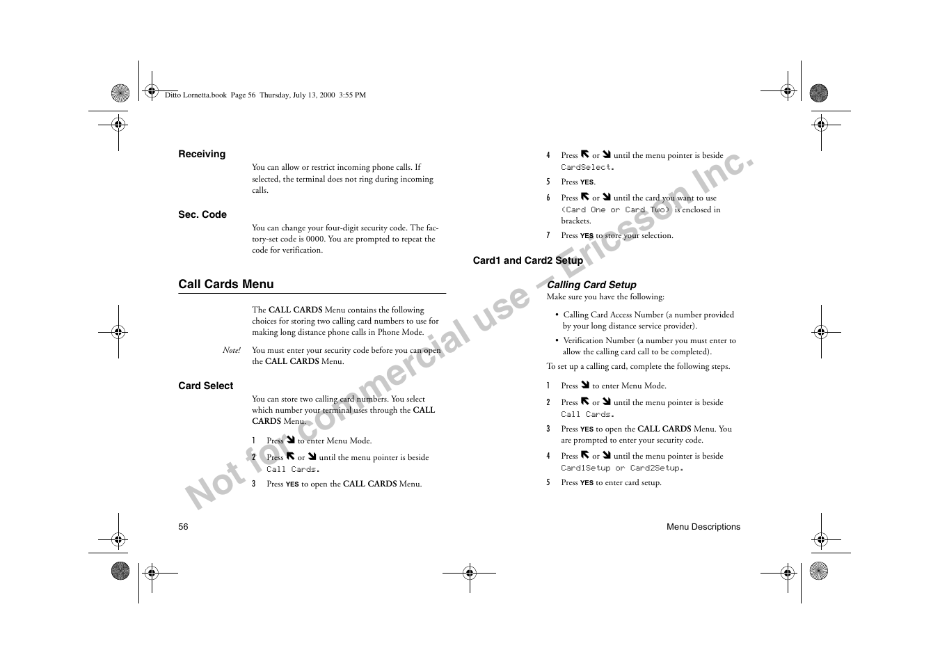 Call cards menu, Not for commercial use – ericsson inc | Ericsson R250d PRO User Manual | Page 61 / 75