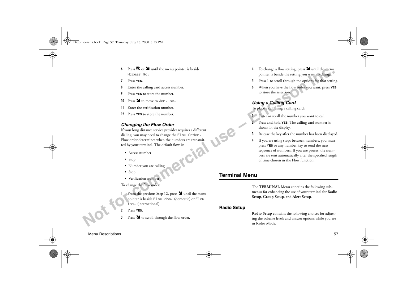 Terminal menu, Not for commercial use – ericsson inc | Ericsson R250d PRO User Manual | Page 62 / 75