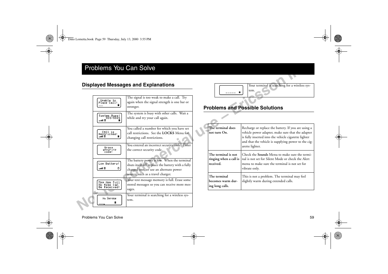 Problems you can solve, Displayed messages and explanations, Problems and possible solutions | 3ureohpv <rx &dq 6royh, Not for commercial use – ericsson inc | Ericsson R250d PRO User Manual | Page 64 / 75