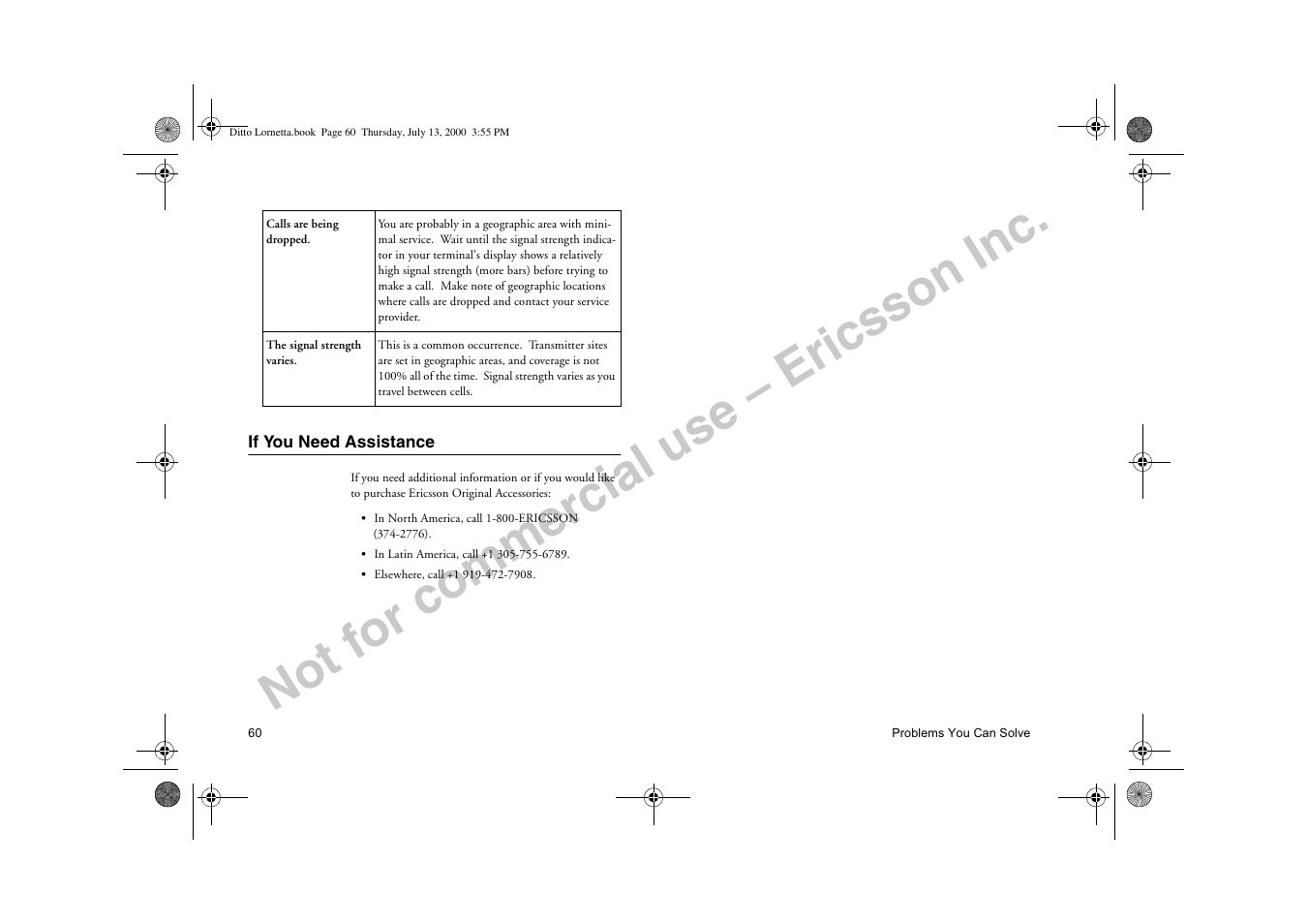 If you need assistance, Not for commercial use – ericsson inc | Ericsson R250d PRO User Manual | Page 65 / 75
