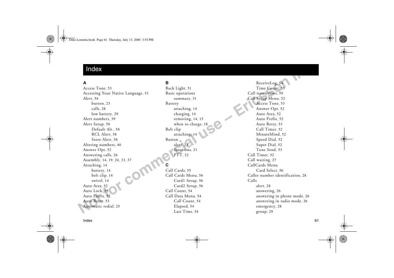 Index, Not for commercial use – ericsson inc | Ericsson R250d PRO User Manual | Page 66 / 75