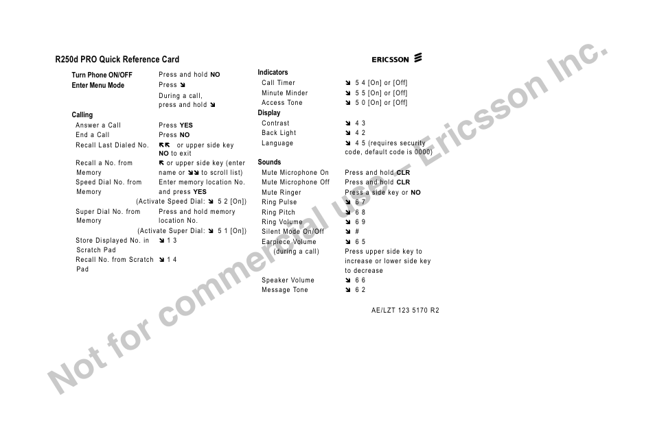 Not for commercial use – ericsson inc | Ericsson R250d PRO User Manual | Page 73 / 75