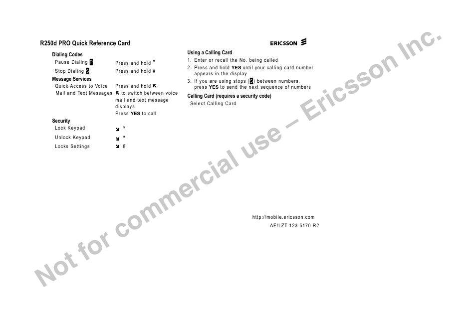 Not for commercial use – ericsson inc | Ericsson R250d PRO User Manual | Page 74 / 75