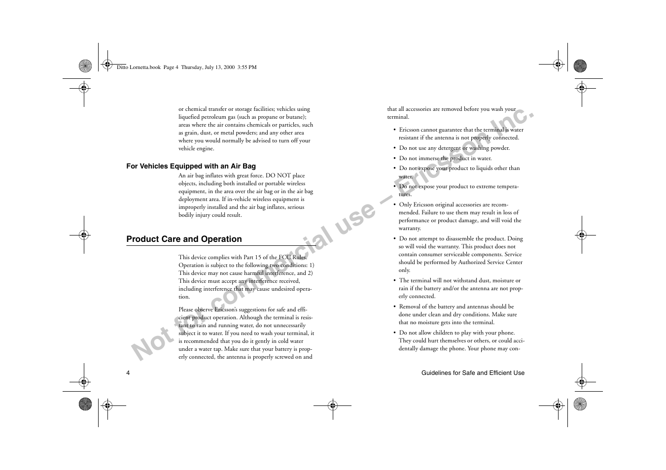 Product care and operation, Not for commercial use – ericsson inc | Ericsson R250d PRO User Manual | Page 9 / 75