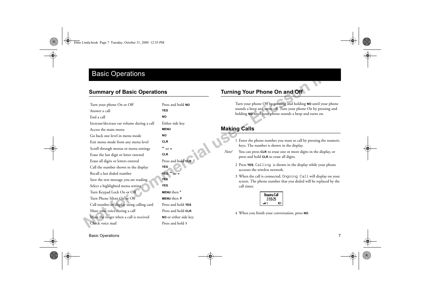 Basic operations, Summary of basic operations, Turning your phone on and off | Making calls, Dvlf 2shudwlrqv, Not for commercial use – ericsson inc | Ericsson A1228di User Manual | Page 12 / 37
