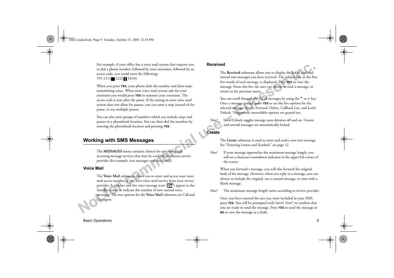 Working with sms messages, Not for commercial use – ericsson inc | Ericsson A1228di User Manual | Page 14 / 37