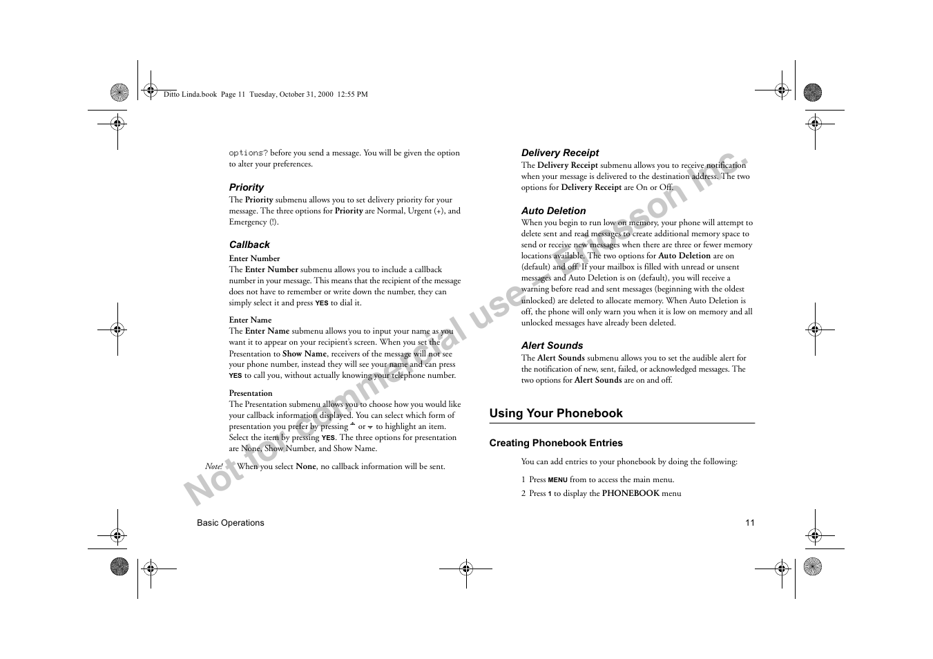 Using your phonebook, Not for commercial use – ericsson inc | Ericsson A1228di User Manual | Page 16 / 37