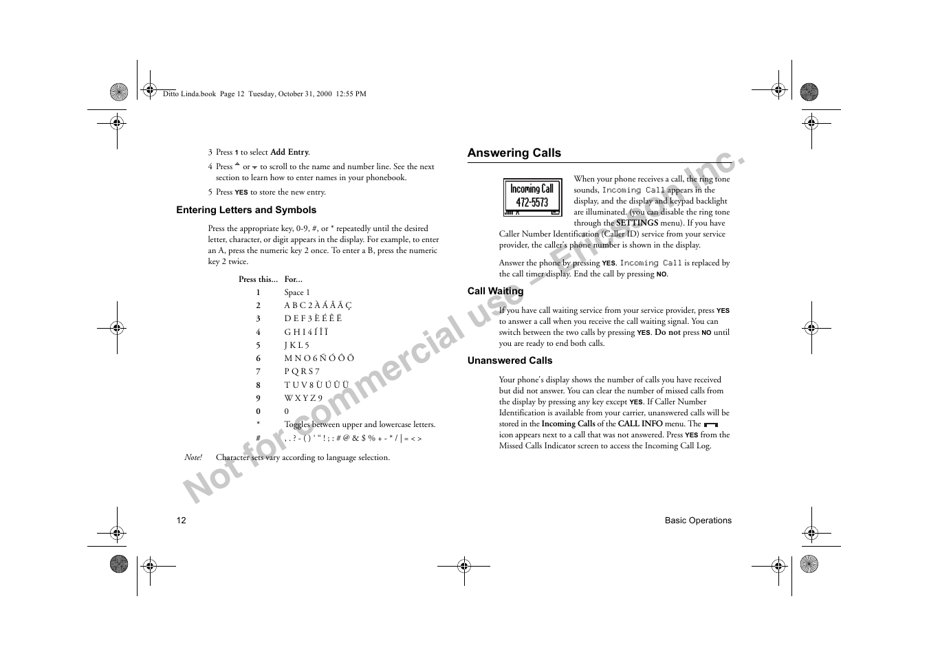 Answering calls, Not for commercial use – ericsson inc | Ericsson A1228di User Manual | Page 17 / 37