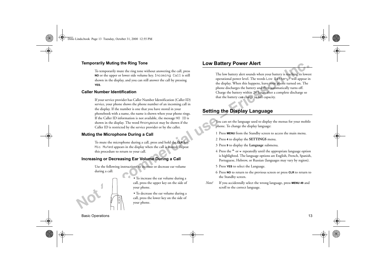 Low battery power alert, Setting the display language, Commercial | Not for commercial use – ericsson inc | Ericsson A1228di User Manual | Page 18 / 37