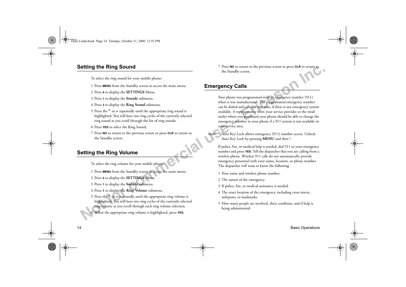 Setting the ring sound, Setting the ring volume, Emergency calls | Not for commercial use – ericsson inc | Ericsson A1228di User Manual | Page 19 / 37