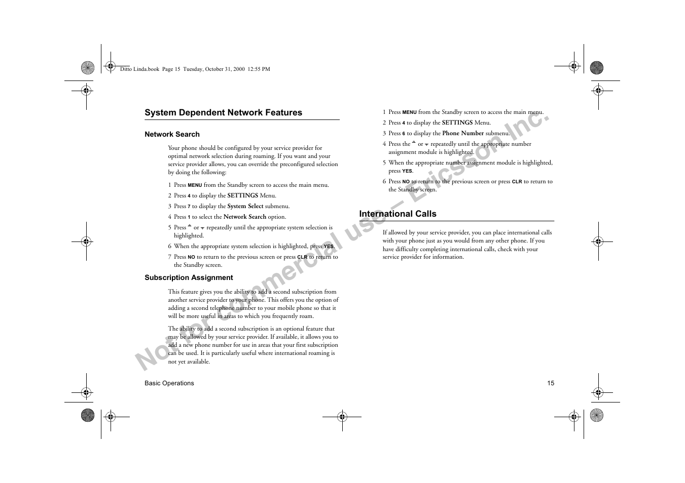 System dependent network features, International calls, Not for commercial use – ericsson inc | Ericsson A1228di User Manual | Page 20 / 37