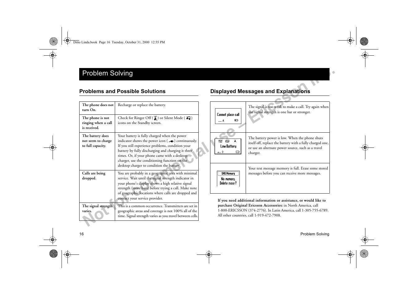 Problem solving, Problems and possible solutions, Displayed messages and explanations | 3ureohp 6roylqj, Not for commercial use – ericsson inc | Ericsson A1228di User Manual | Page 21 / 37