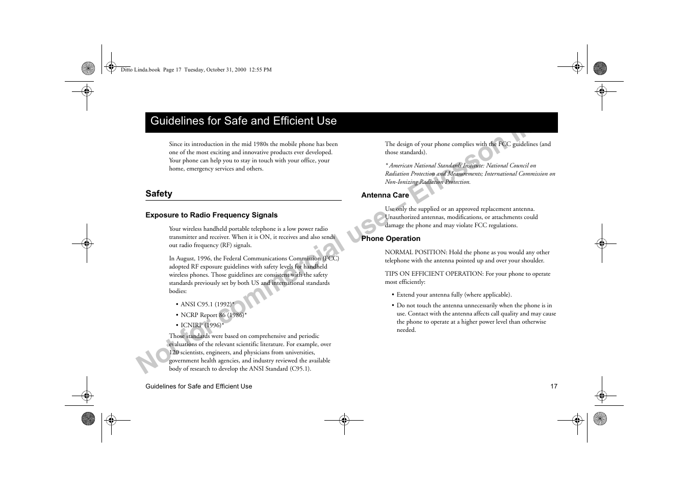 Guidelines for safe and efficient use, Safety, Xlgholqhv iru 6dih dqg (iilflhqw 8vh | Not for commercial use – ericsson inc | Ericsson A1228di User Manual | Page 22 / 37
