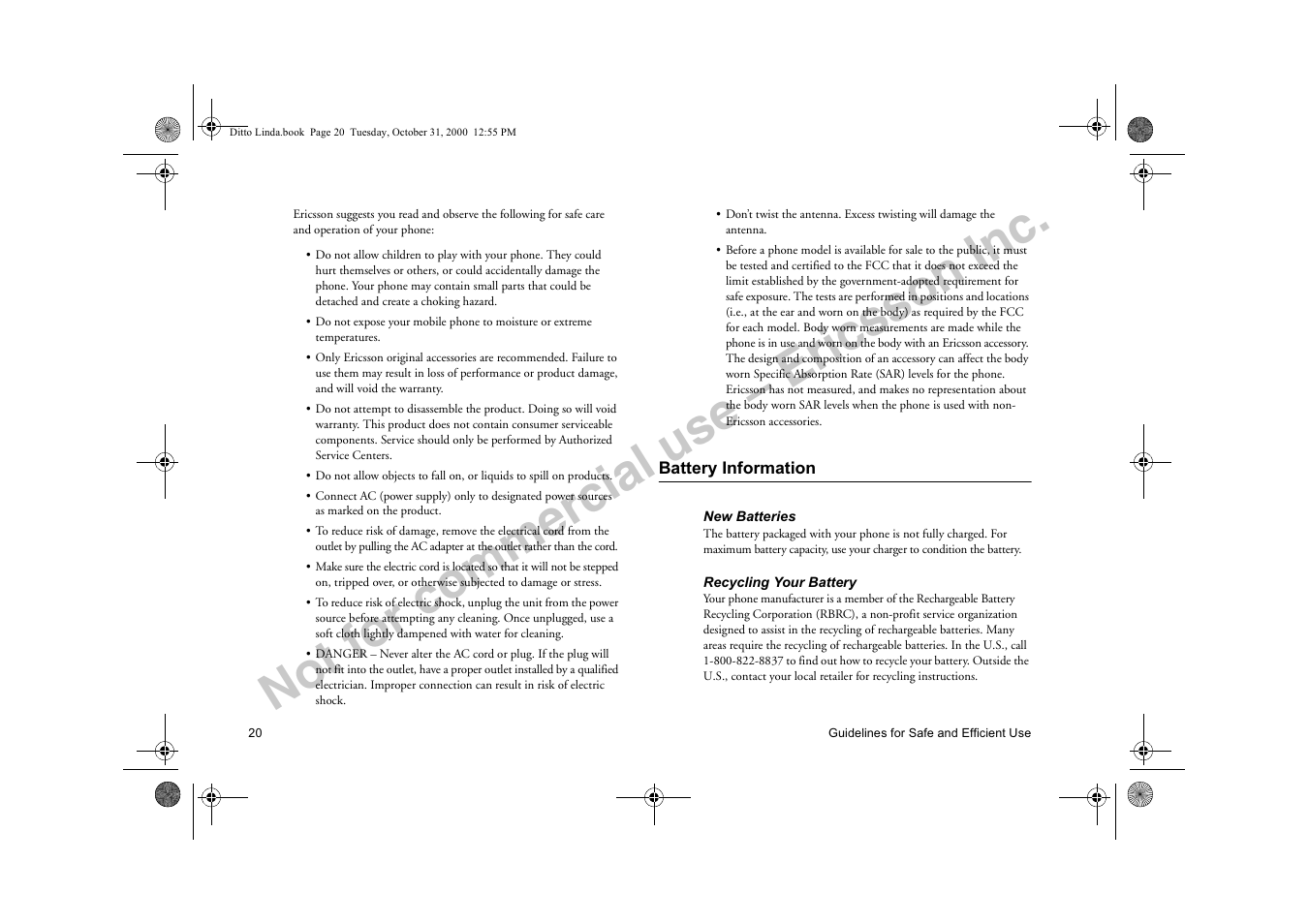 Battery information, Not for commercial use – ericsson inc | Ericsson A1228di User Manual | Page 25 / 37