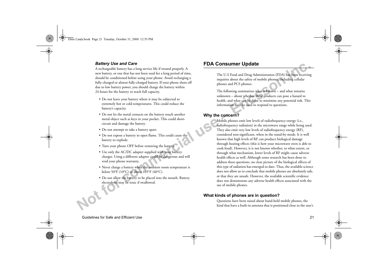 Fda consumer update, Not for commercial use – ericsson inc | Ericsson A1228di User Manual | Page 26 / 37
