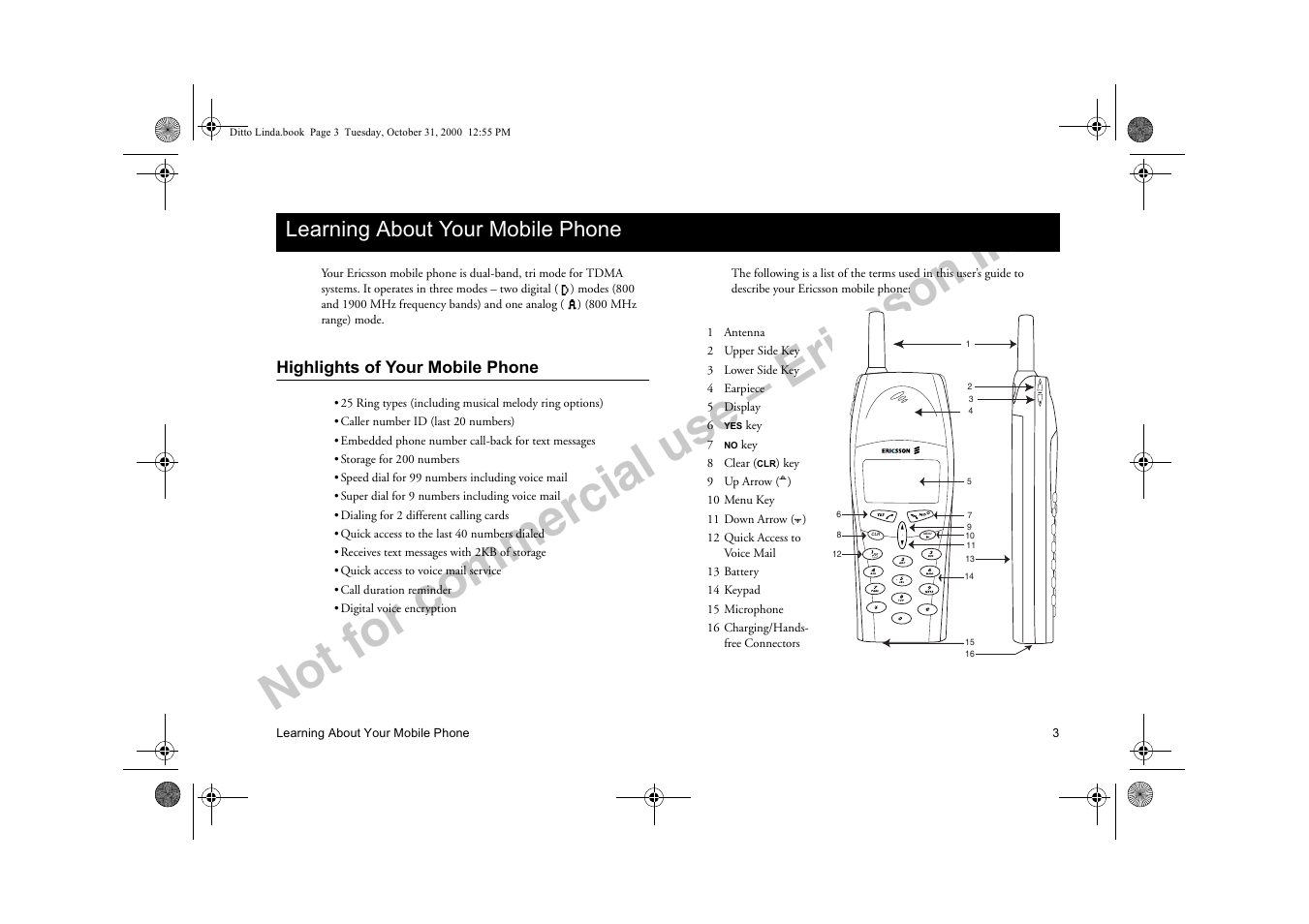 Learning about your mobile phone, Highlights of your mobile phone, Hduqlqj $erxw <rxu 0reloh 3krqh | Not for commercial use – ericsson inc | Ericsson A1228di User Manual | Page 8 / 37
