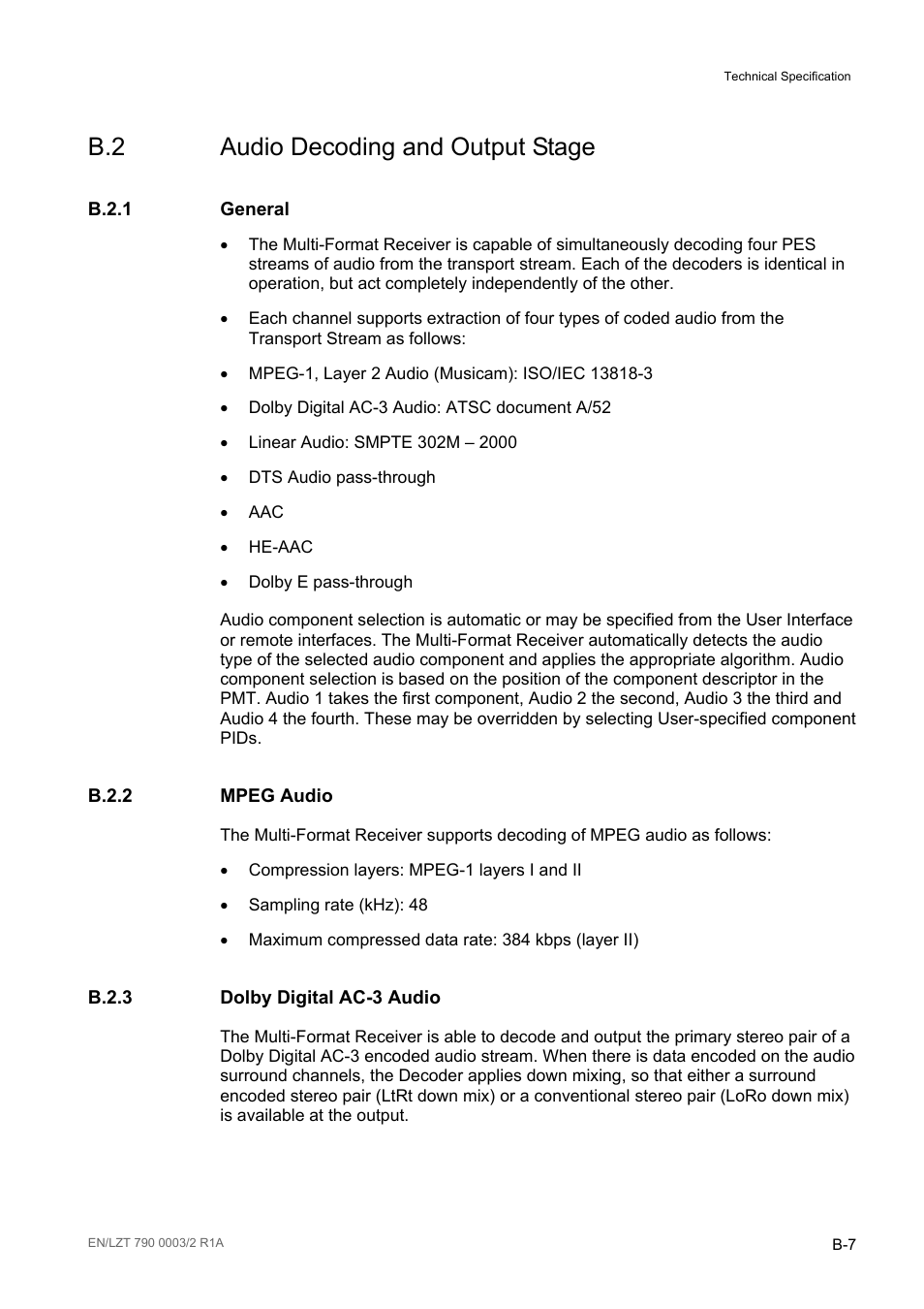 B.2 audio decoding and output stage, B.2.1 general, B.2.2 mpeg audio | B.2.3 dolby digital ac-3 audio, B.2.1, B.2.2, B.2.3 | Ericsson Multi-Format Receiver RX1290 User Manual | Page 121 / 176