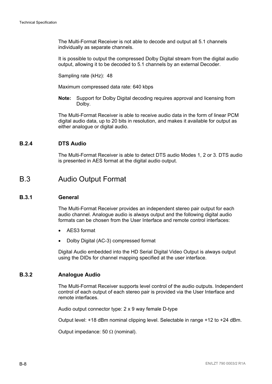 B.2.4 dts audio, B.3 audio output format, B.3.1 general | B.3.2 analogue audio, B.2.4, B.3.1, B.3.2 | Ericsson Multi-Format Receiver RX1290 User Manual | Page 122 / 176