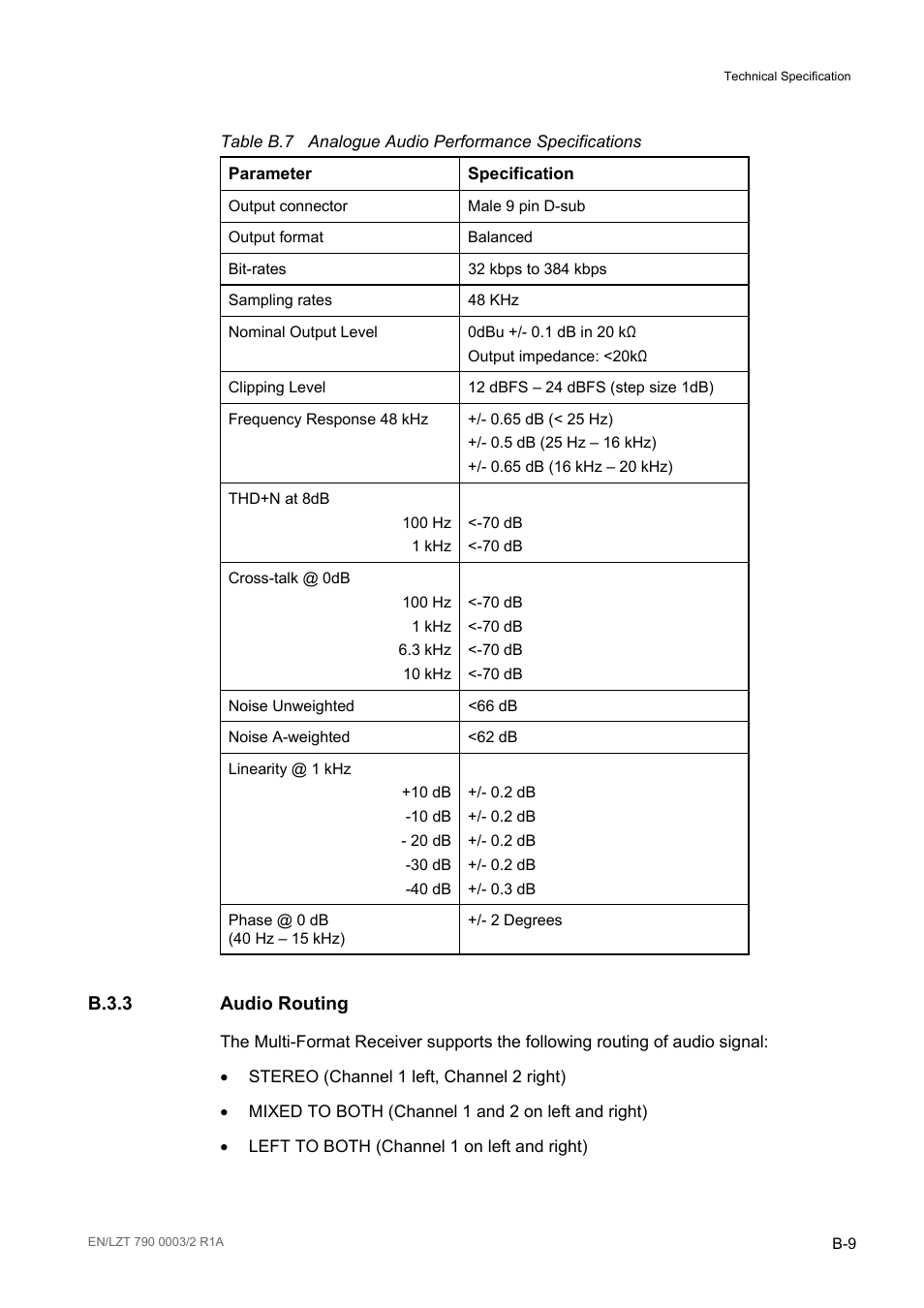 B.3.3 audio routing, B.3.3, Table b.7 | Ericsson Multi-Format Receiver RX1290 User Manual | Page 123 / 176