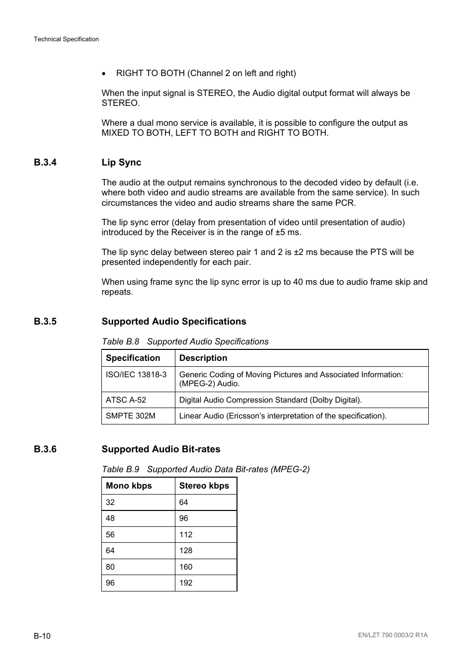 B.3.4 lip sync, B.3.5 supported audio specifications, B.3.6 supported audio bit-rates | B.3.4, B.3.5, B.3.6, Table b.8, Table b.9 | Ericsson Multi-Format Receiver RX1290 User Manual | Page 124 / 176