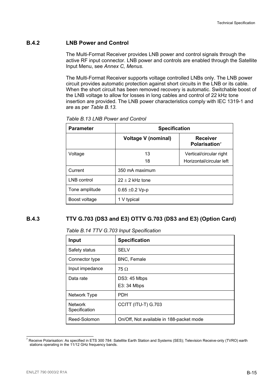 B.4.2 lnb power and control, B.4.2, B.4.3 | Table b.13, Table b.14 | Ericsson Multi-Format Receiver RX1290 User Manual | Page 129 / 176