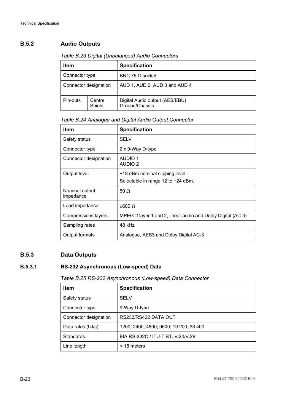 B.5.2 audio outputs, B.5.3 data outputs, B.5.3.1 rs-232 asynchronous (low-speed) data | B.5.2, B.5.3, B.5.3.1, Table b.23, Table b.24, Table b.25 | Ericsson Multi-Format Receiver RX1290 User Manual | Page 134 / 176