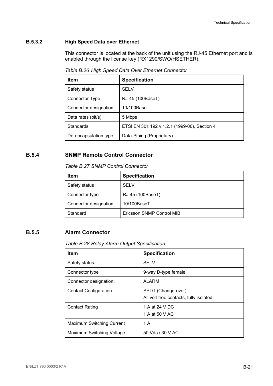B.5.3.2 high speed data over ethernet, B.5.4 snmp remote control connector, B.5.5 alarm connector | B.5.3.2, B.5.4, B.5.5, Table b.26, Table b.27, Table b.28 | Ericsson Multi-Format Receiver RX1290 User Manual | Page 135 / 176