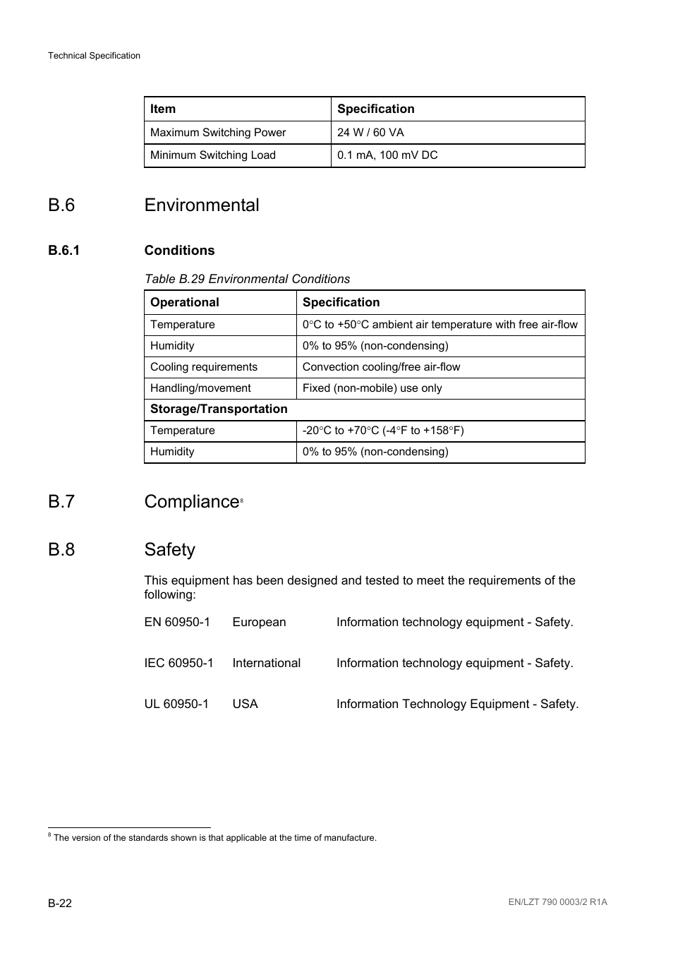 B.6 environmental, B.6.1 conditions, B.7 compliance | B.8 safety, B.6.1, Table b.29 | Ericsson Multi-Format Receiver RX1290 User Manual | Page 136 / 176