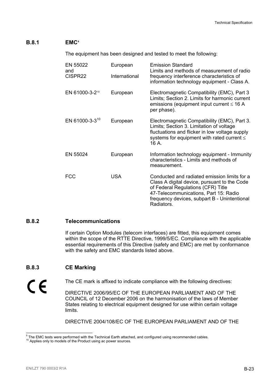 B.8.1 emc, B.8.2 telecommunications, B.8.3 ce marking | B.8.1, B.8.2, B.8.3 | Ericsson Multi-Format Receiver RX1290 User Manual | Page 137 / 176