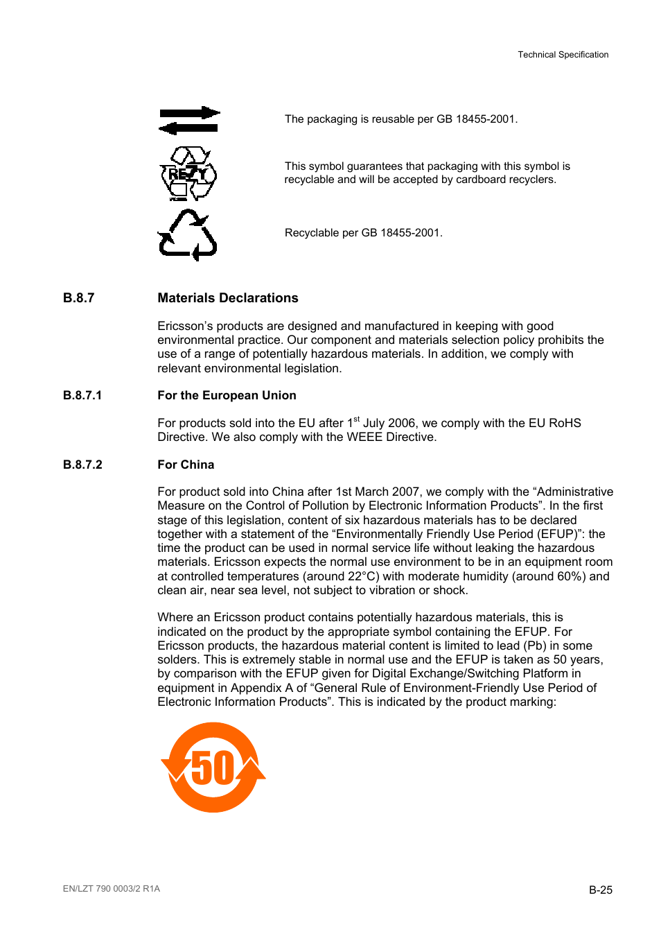 B.8.7 materials declarations, B.8.7.1 for the european union, B.8.7.2 for china | B.8.7, B.8.7.1, B.8.7.2 | Ericsson Multi-Format Receiver RX1290 User Manual | Page 139 / 176