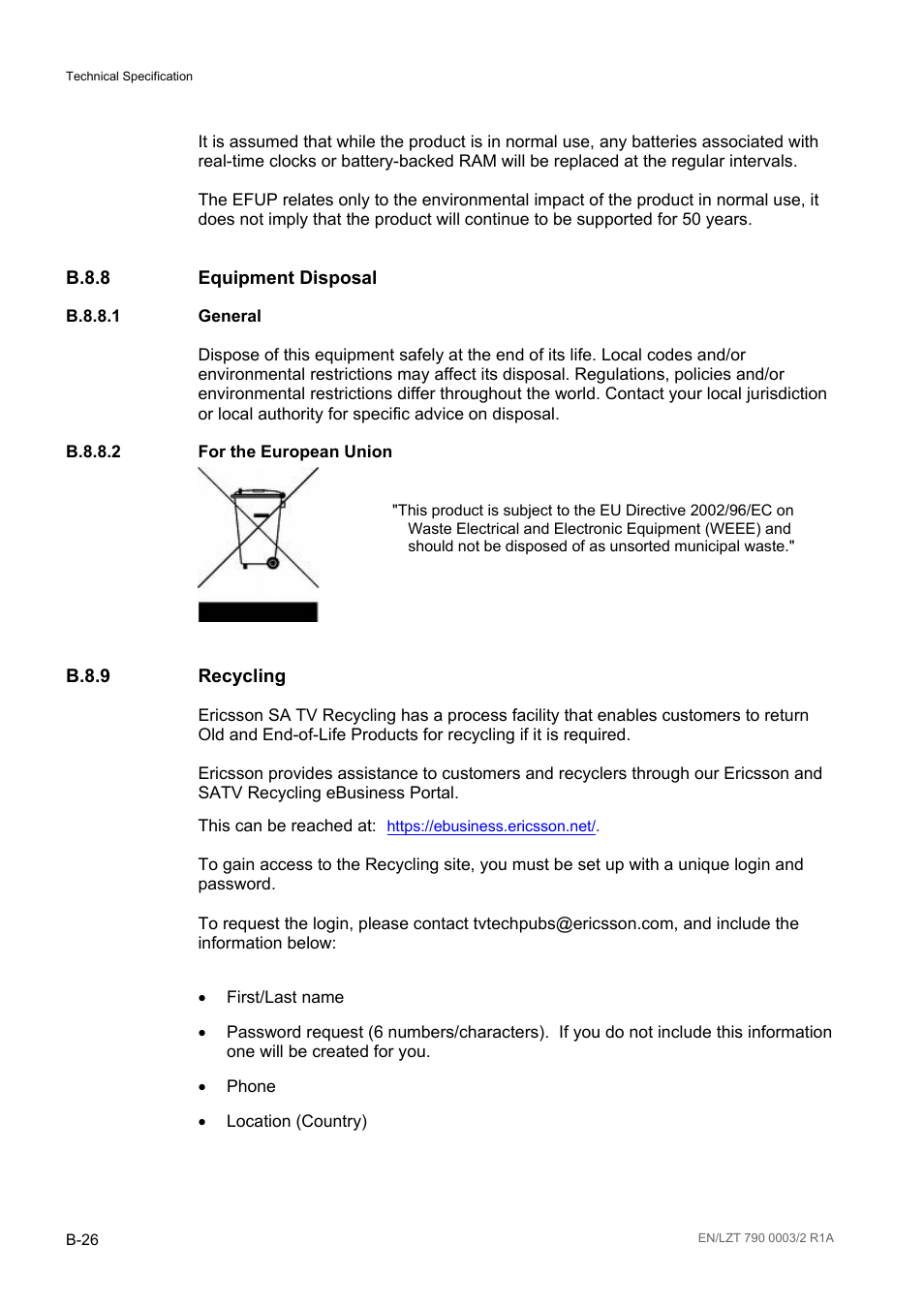 B.8.8 equipment disposal, B.8.8.1 general, B.8.8.2 for the european union | B.8.9 recycling, B.8.8, B.8.8.1, B.8.8.2, B.8.9 | Ericsson Multi-Format Receiver RX1290 User Manual | Page 140 / 176