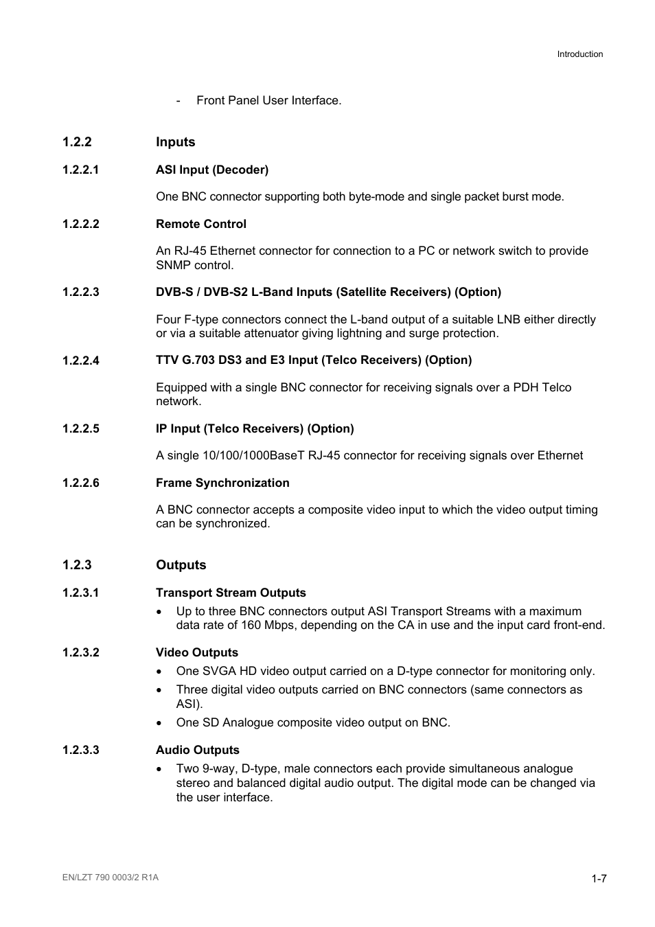 2 inputs, 1 asi input (decoder), 2 remote control | 5 ip input (telco receivers) (option), 6 frame synchronization, 3 outputs, 1 transport stream outputs, 2 video outputs, 3 audio outputs, Inputs -7 | Ericsson Multi-Format Receiver RX1290 User Manual | Page 15 / 176