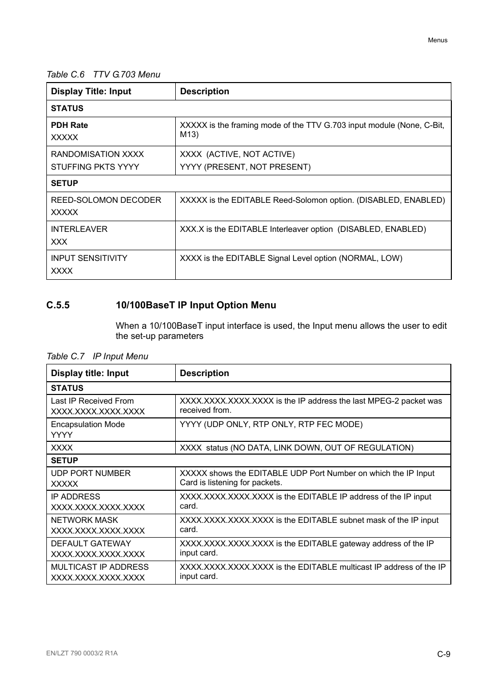 C.5.5 10/100baset ip input option menu, C.5.5, Table c.6 | Table c.7 | Ericsson Multi-Format Receiver RX1290 User Manual | Page 151 / 176