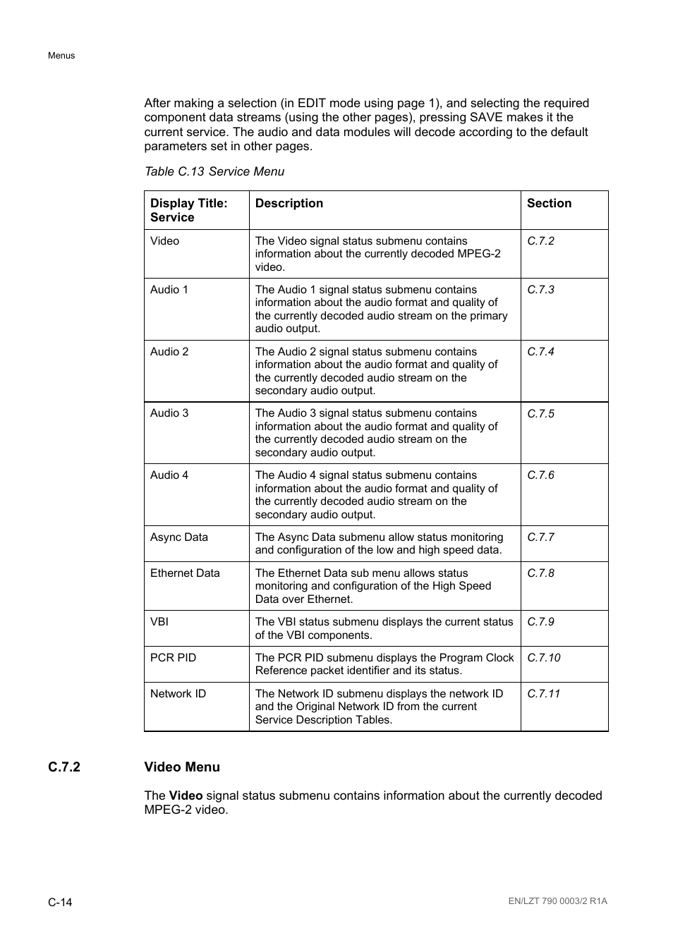 C.7.2 video menu, C.7.2, Table c.13 | Ericsson Multi-Format Receiver RX1290 User Manual | Page 156 / 176