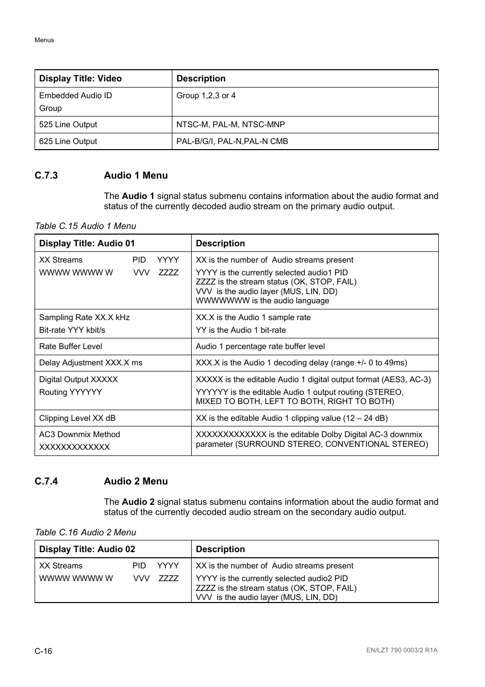 C.7.3 audio 1 menu, C.7.4 audio 2 menu, C.7.3 | C.7.4, Table c.15, Table c.16 | Ericsson Multi-Format Receiver RX1290 User Manual | Page 158 / 176