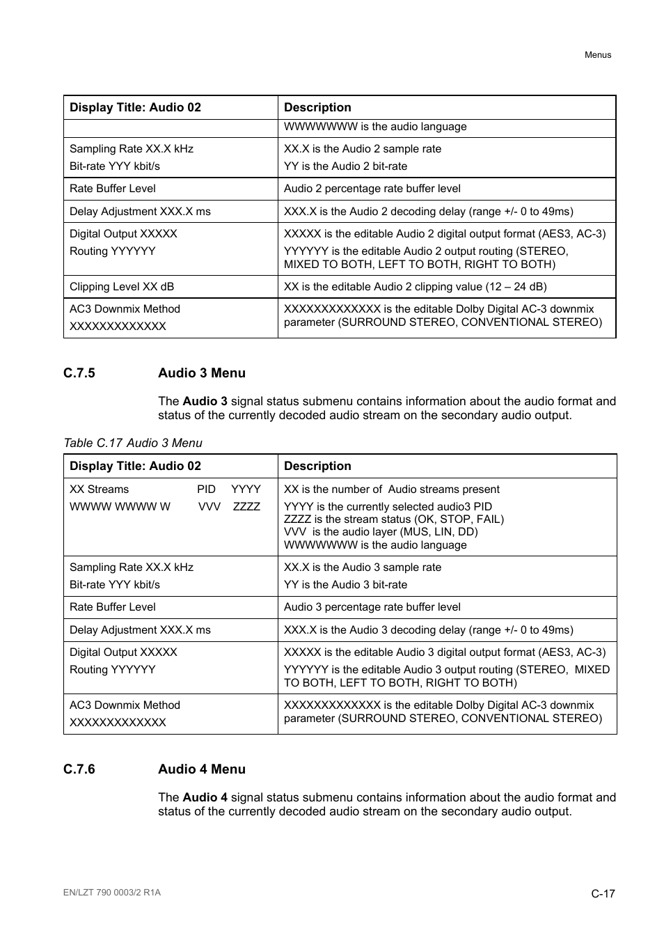 C.7.5 audio 3 menu, C.7.6 audio 4 menu, C.7.5 | C.7.6, Table c.17 | Ericsson Multi-Format Receiver RX1290 User Manual | Page 159 / 176