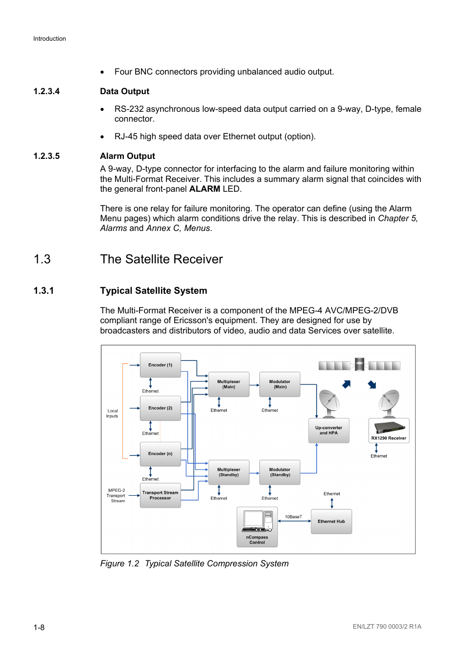 4 data output, 5 alarm output, 3 the satellite receiver | 1 typical satellite system, Data output -8, Alarm output -8, The satellite receiver -8, Typical satellite system -8, Figure 1.2, Typical satellite compression system -8 | Ericsson Multi-Format Receiver RX1290 User Manual | Page 16 / 176