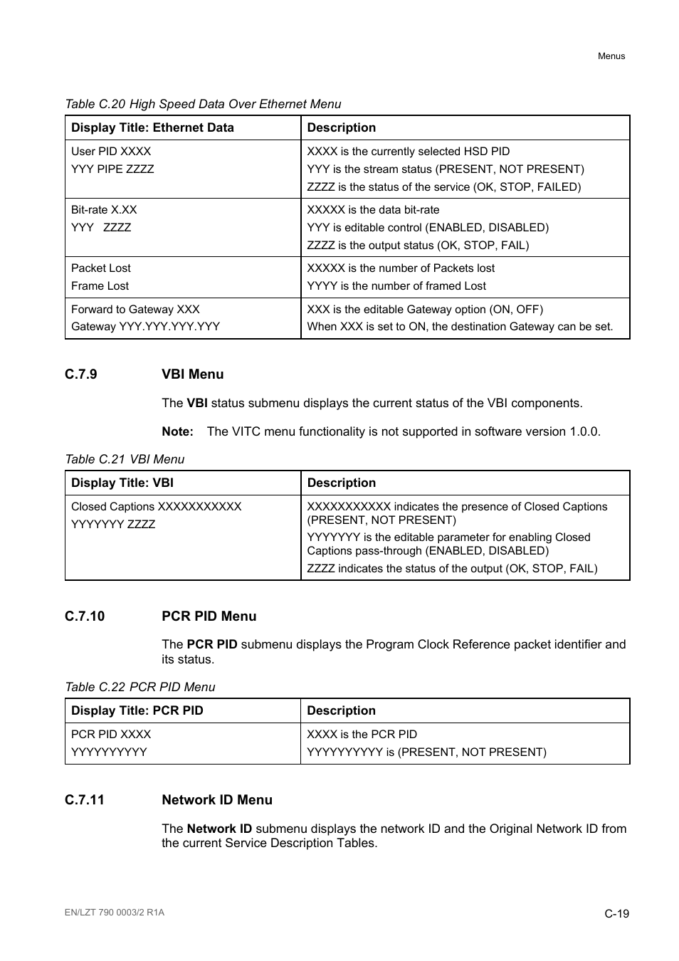 C.7.9 vbi menu, C.7.10 pcr pid menu, C.7.11 network id menu | C.7.9, C.7.10, C.7.11, Table c.20, Table c.21, Table c.22 | Ericsson Multi-Format Receiver RX1290 User Manual | Page 161 / 176