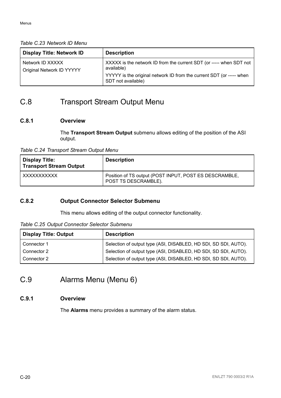 C.8 transport stream output menu, C.8.1 overview, C.8.2 output connector selector submenu | C.9 alarms menu (menu 6), C.9.1 overview, C.8.1, C.8.2, C.9.1, Table c.23, Table c.24 | Ericsson Multi-Format Receiver RX1290 User Manual | Page 162 / 176