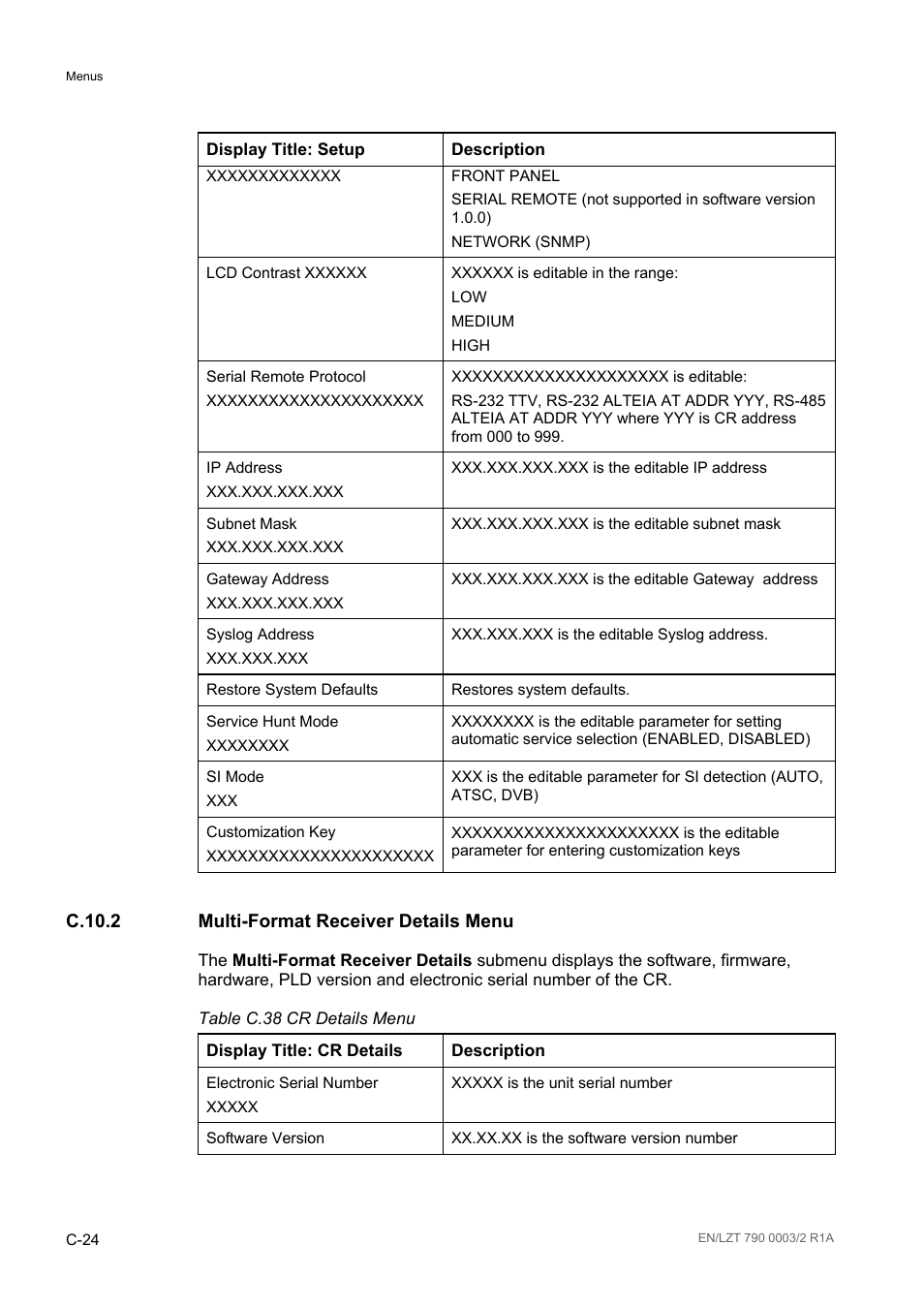 C.10.2 multi-format receiver details menu, C.10.2, Table c.38 | Ericsson Multi-Format Receiver RX1290 User Manual | Page 166 / 176