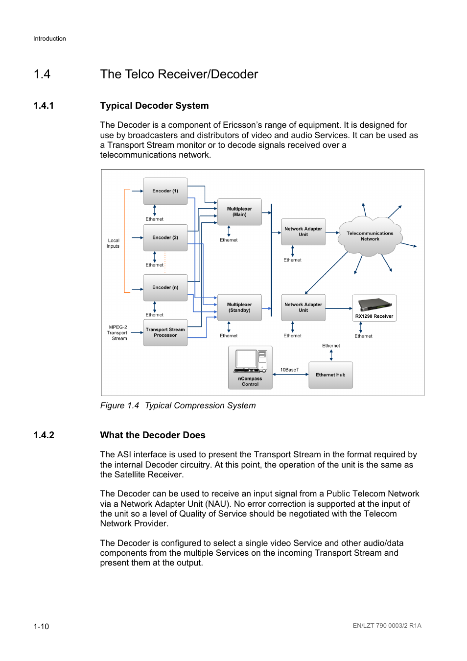 4 the telco receiver/decoder, 1 typical decoder system, 2 what the decoder does | The telco receiver/decoder -10, Typical decoder system -10, What the decoder does -10, Figure 1.4, Typical compression system -10 | Ericsson Multi-Format Receiver RX1290 User Manual | Page 18 / 176