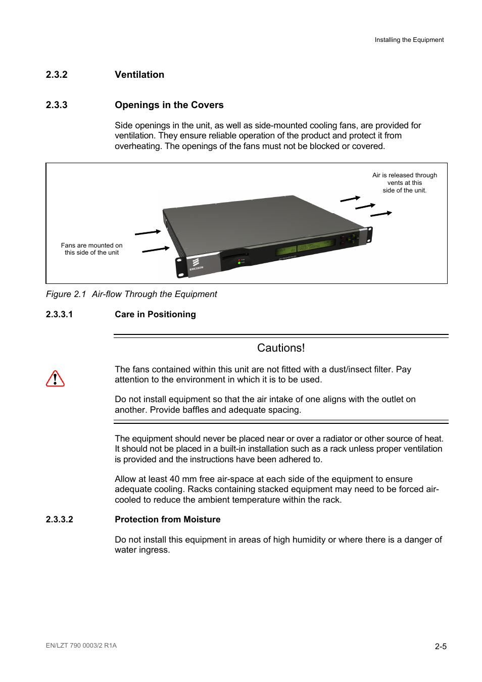 2 ventilation, 3 openings in the covers, 1 care in positioning | 2 protection from moisture, Ventilation -5, Openings in the covers -5, Care in positioning -5, Protection from moisture -5, Figure 2.1, Air-flow through the equipment -5 | Ericsson Multi-Format Receiver RX1290 User Manual | Page 27 / 176