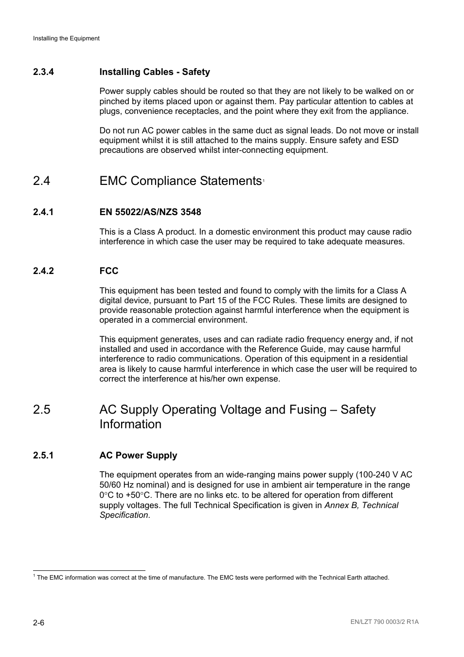 4 installing cables - safety, 4 emc compliance statements, 1 en 55022/as/nzs 3548 | 2 fcc, 1 ac power supply, Installing cables - safety -6, Emc compliance statements -6, En 55022/as/nzs 3548 -6, Fcc -6, Ac power supply -6 | Ericsson Multi-Format Receiver RX1290 User Manual | Page 28 / 176