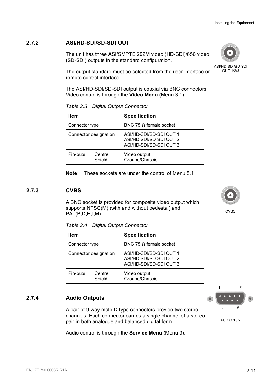 Asi/hd-sdi/sd-sdi out, Cvbs, Audio outputs | Asi/hd-sdi/sd-sdi out -11, Cvbs -11, Audio outputs -11, Table 2.3, Digital output connector -11, Table 2.4, 2 asi/hd-sdi/sd-sdi out | Ericsson Multi-Format Receiver RX1290 User Manual | Page 33 / 176
