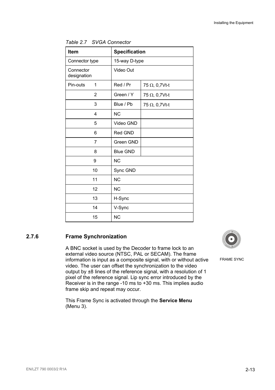 Frame synchronization, Frame synchronization -13, Table 2.7 | Svga connector -13, 6 frame synchronization | Ericsson Multi-Format Receiver RX1290 User Manual | Page 35 / 176