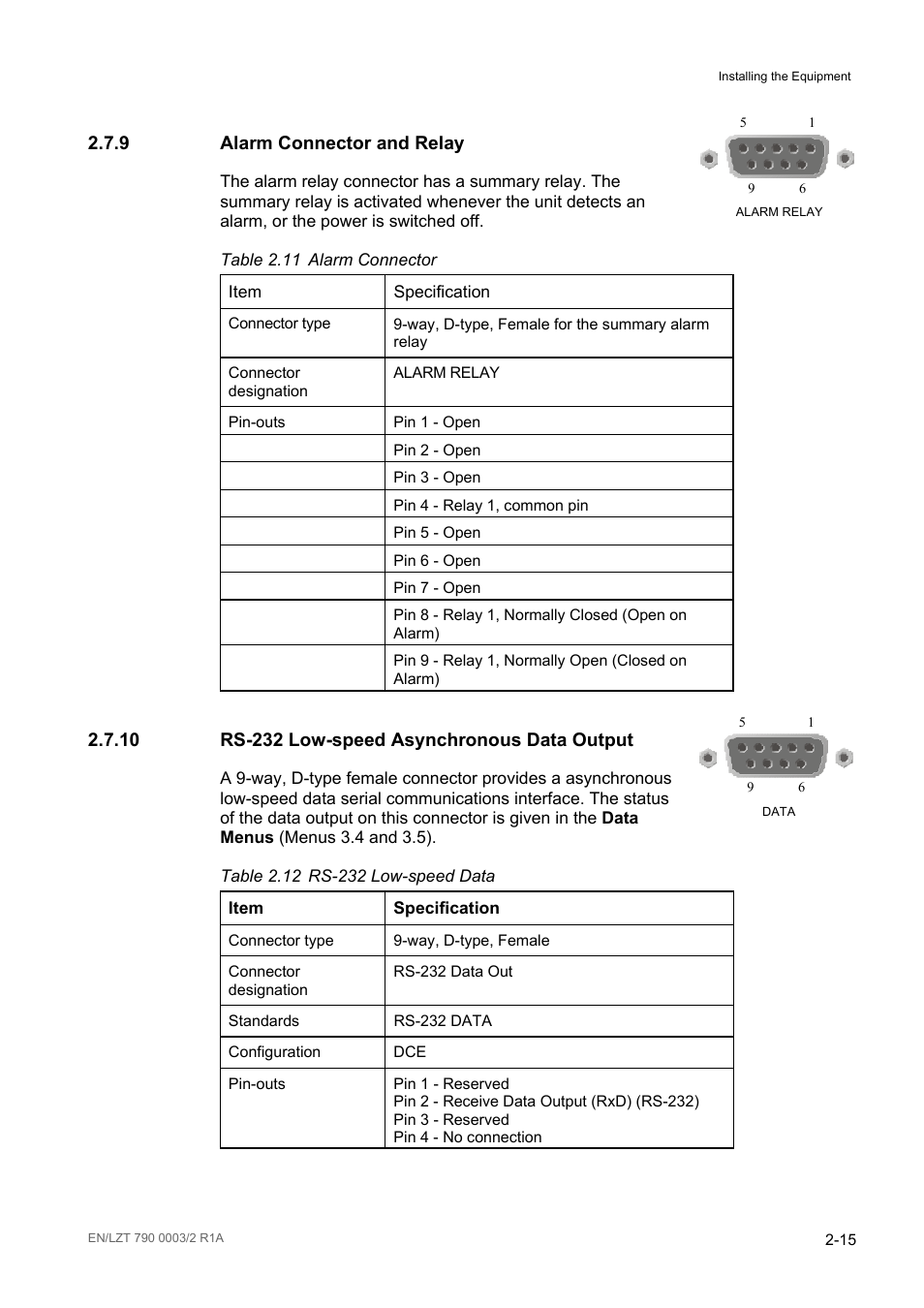 Alarm connector and relay, Rs-232 low-speed asynchronous data output, Alarm connector and relay -15 | Rs-232 low-speed asynchronous data output -15, Table 2.11, Alarm connector -15, Table 2.12, Rs-232 low-speed data -15, 9 alarm connector and relay | Ericsson Multi-Format Receiver RX1290 User Manual | Page 37 / 176