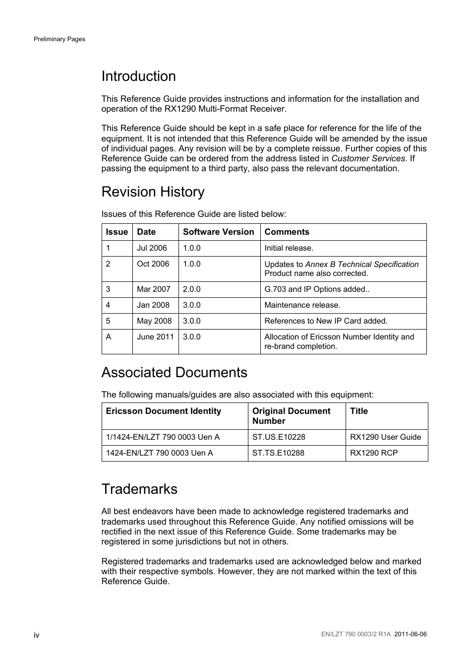 Introduction, Revision history, Associated documents | Trademarks | Ericsson Multi-Format Receiver RX1290 User Manual | Page 4 / 176