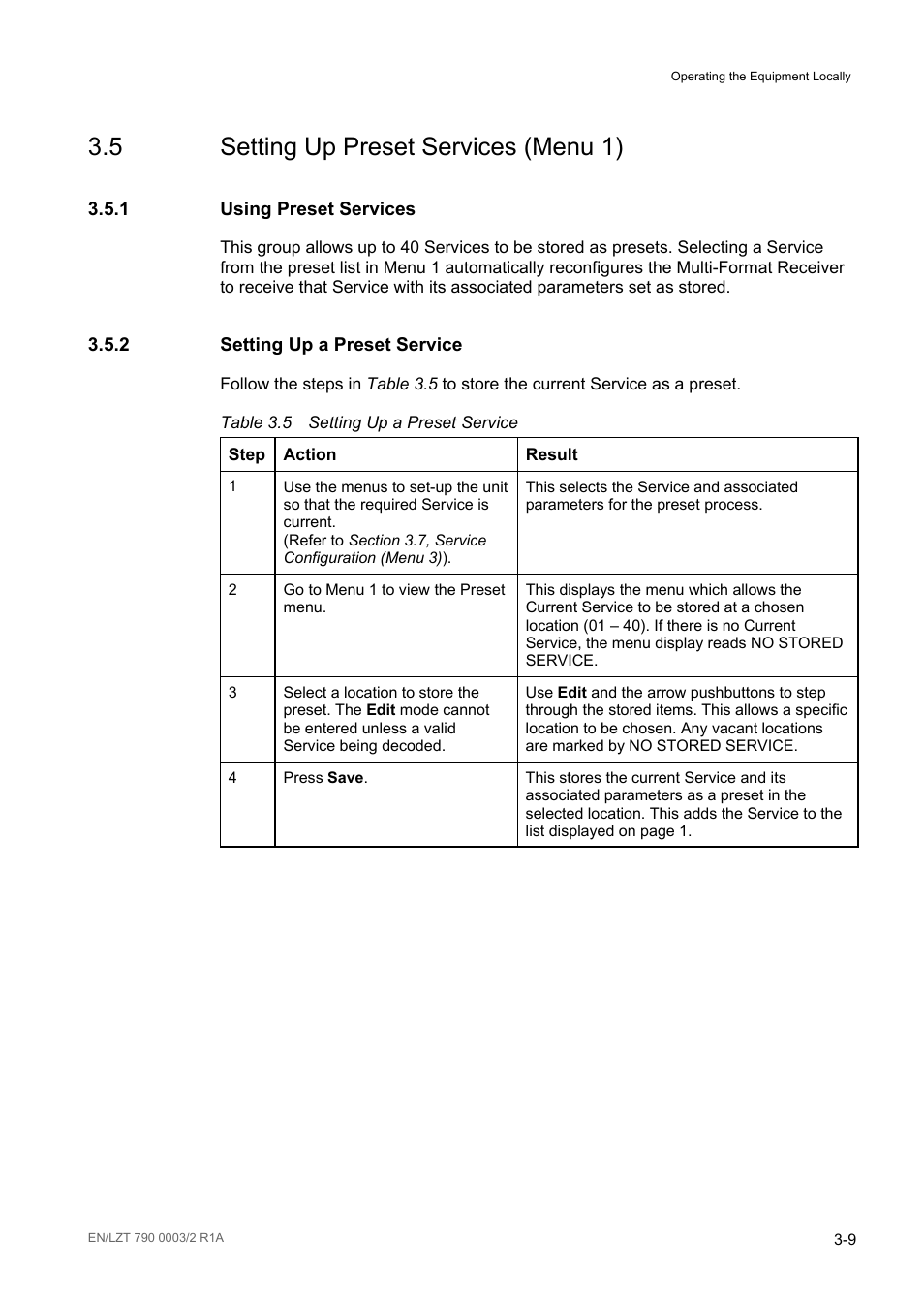 5 setting up preset services (menu 1), 1 using preset services, 2 setting up a preset service | Setting up preset services (menu 1) -9, Using preset services -9, Setting up a preset service -9, Table 3.5 | Ericsson Multi-Format Receiver RX1290 User Manual | Page 47 / 176