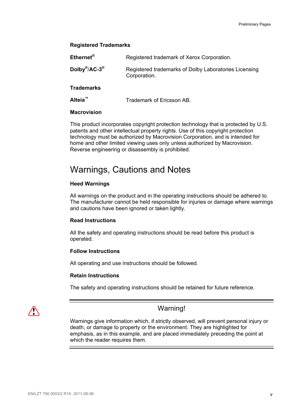 Warnings, cautions and notes, Warning | Ericsson Multi-Format Receiver RX1290 User Manual | Page 5 / 176