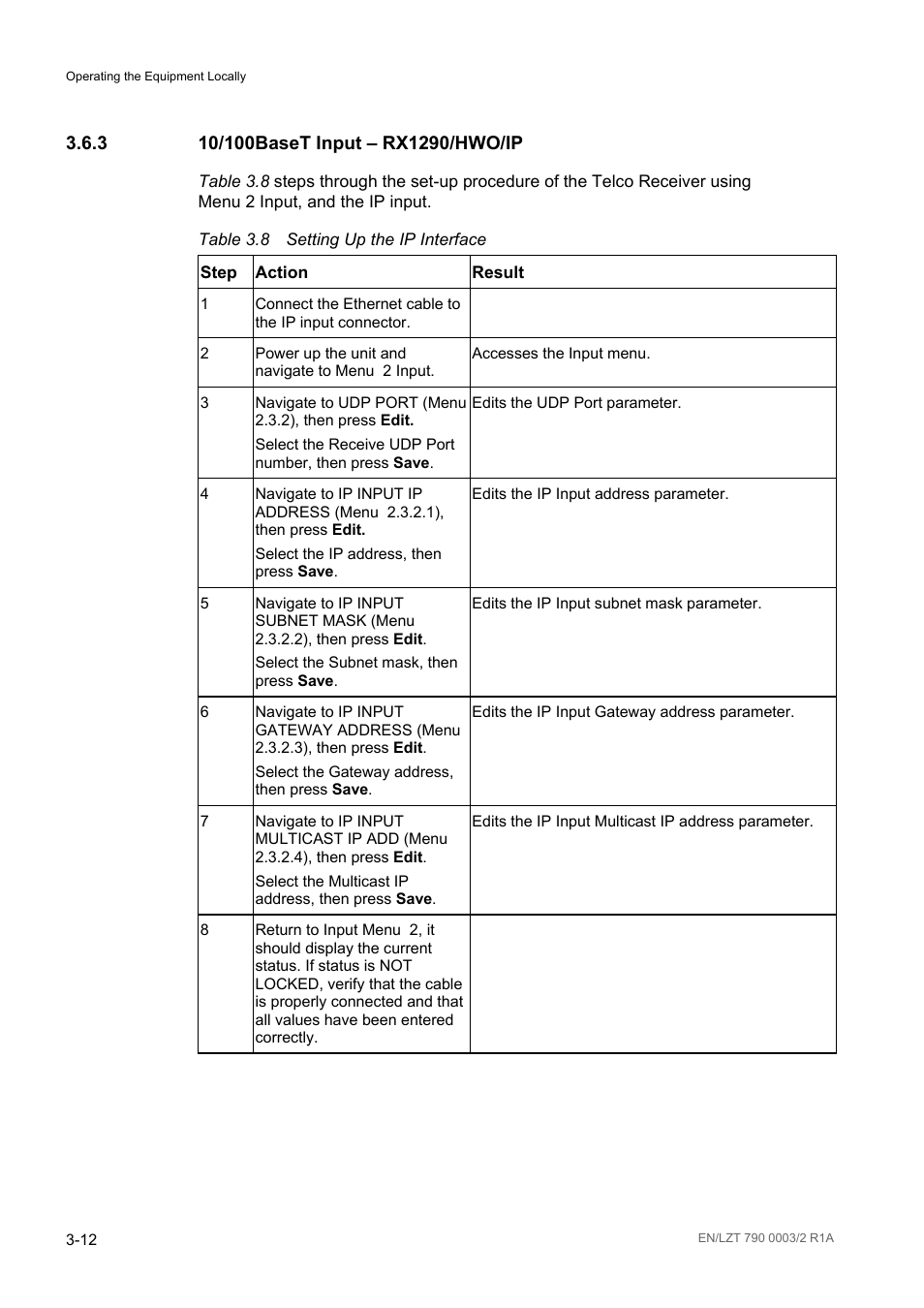 3 10/100baset input – rx1290/hwo/ip, 10/100baset input – rx1290/hwo/ip -12, Table 3.8 | Setting up the ip interface -12 | Ericsson Multi-Format Receiver RX1290 User Manual | Page 50 / 176